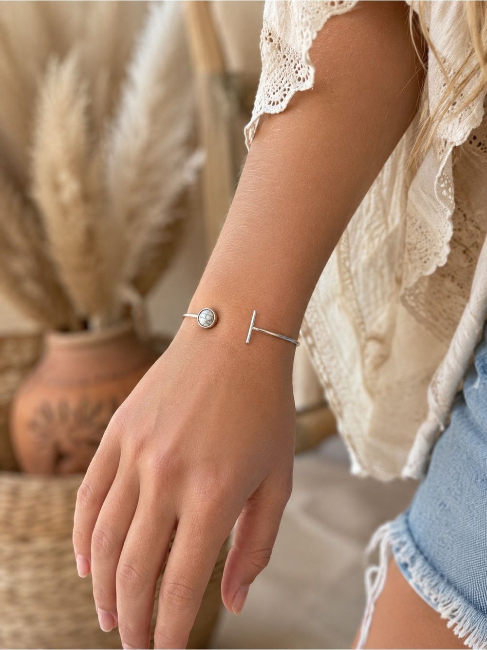 Silver Tone Howlite Stone Cuff Bracelet – Minimalist Boho Style